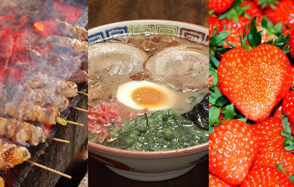 Photos of yakitori (Japanese grilled chicken skewers), ramen and strawberries
